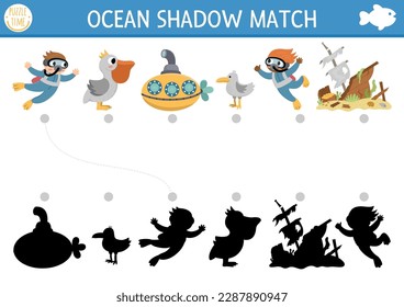 Under the sea shadow matching activity. Ocean puzzle with cute diver, submarine, pelican, wrecked ship, seagull. Find correct silhouette printable worksheet or game. Water animals page for kids
