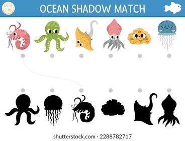 Unter dem Meeresschatten passende Aktivität. Ocean Puzzle mit süßem Tintenfisch, Kalmare, Quallen, Rochen Fisch, Schwamm. Finden Sie das richtige Silhouette-Druckblatt oder das richtige Spiel. Wassertierseite für Kinder
