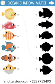 Under the sea shadow matching activity with fish. Ocean puzzle with cute flounder, bass, clownfish, blowfish. Find correct silhouette printable worksheet or game. Water animals page for kids
