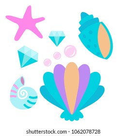 Under the sea - shells, diamonds and starfish, vector collection. Festival sea summer collection. 