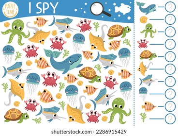 Under the sea I spy game for kids. Searching and counting activity with fish, whale, octopus, crab, turtle, jellyfish. Ocean life printable worksheet for preschool children. Simple water spot puzzle