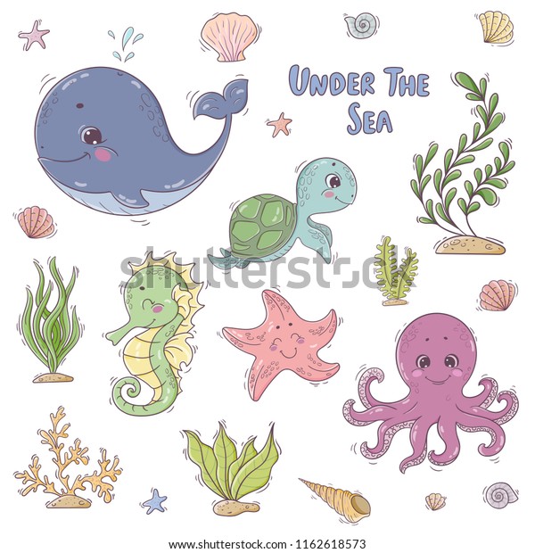 Under Sea Stickers Collection Cute Cartoon Stock Vector (Royalty 