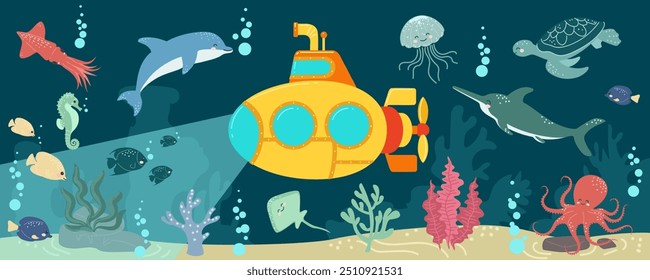 Submarino submarino. Animales acuáticos de dibujos animados. Vehículo submarino. Acuario de la naturaleza. Juguetes marinos. Algas y peces del océano. Fondo de arena acuática. Delfín y tortuga. Nave náutica. Fondo de doodle de Vector