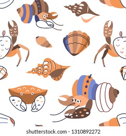 Under the sea theme seamless pattern with cute crab, shell and lobster. Pastel colors.  Vector background for fabric, textile, apparel, wallpaper, wrapping.