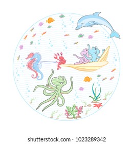 Under the sea. Sea travalling. Set of marine life with various tropical fishes.
