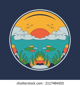 Under the sea vector art illustration with retro color