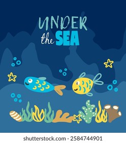 Under sea vector artwork colorful fish and marine life, hand drawn kids card design vector illustration