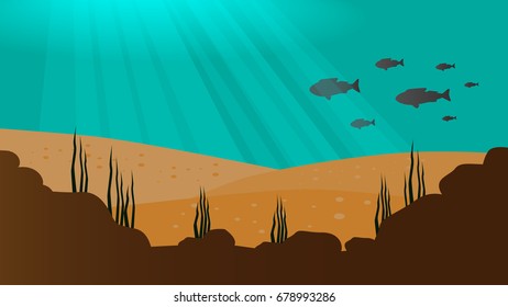 under the sea vector background with sand, fish and rock silhouettes and sun beams