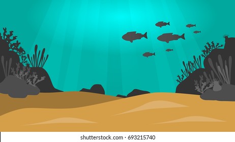 under the sea vector background with sand, fish,rock and plants silhouettes and sun beams