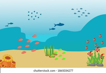 under the sea vector background, Tropical sea natural background. Landscape of marine life - Island in the ocean and underwater world with different animals. Low polygon style flat illustrations