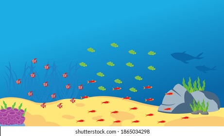 under the sea vector background, Tropical sea natural background. Landscape of marine life - Island in the ocean and underwater world with different animals. Low polygon style flat illustrations