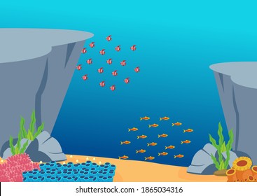 under the sea vector background, Tropical sea natural background. Landscape of marine life - Island in the ocean and underwater world with different animals. Low polygon style flat illustrations