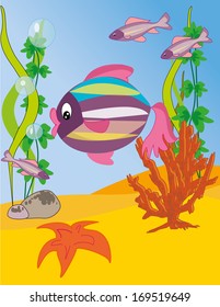 Under the sea. Vector and cartoon illustration. 