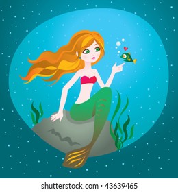 Under the sea. Vector illustration of a beautiful redhead mermaid.