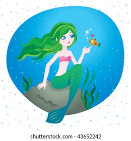 Under the sea. Vector illustration of a beautiful mermaid.