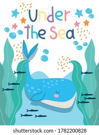 under the sea, whale fishes algae wide marine life landscape cartoon vector illustration