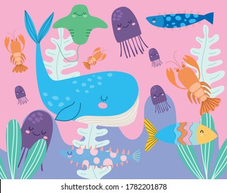 under the sea, whale jellyfishes stingray lobster wide marine life landscape cartoon vector illustration