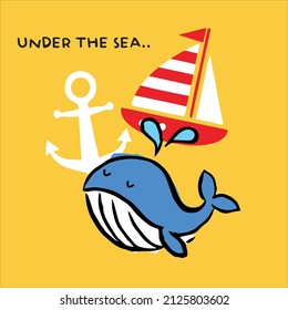 UNDER THE SEA WHALE SHIP NAUTICAL CUTE ILLUSTRATION