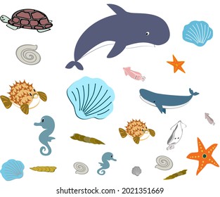 Under the sea, whales, shells, seahorses, sea fish, turtles and other animals. vector illustration