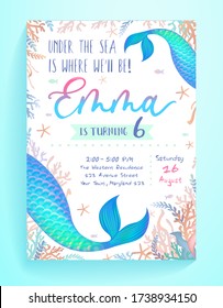 Under sea where well be party invitation template vector illustration. Fish tails flat style. Bright decoration for festive card. Birthday and childhood concept. Isolated on blue background