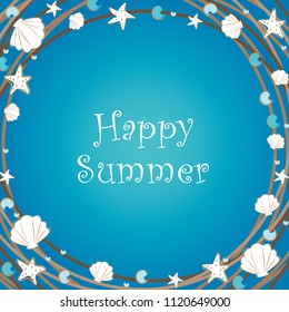 Under the sea, white sea shell and white starfish border frame vector background for decoration.