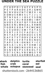 And Under The Sea Word Search Puzzle Ocean Animals Letters Grid vector