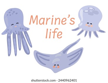 Under sea world cute characters flat design ramp fish jellyfish octopus