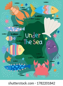 under the sea, world with different inhabitants wide marine life landscape cartoon vector illustration