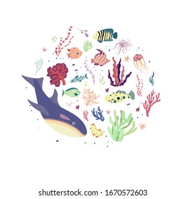 Under the sea world. Ecology print, planet and environment protection concept. Underwater sea world dwellers, flora and fauna elements. Coral reef, fishes and medusa. Vector cartoon.