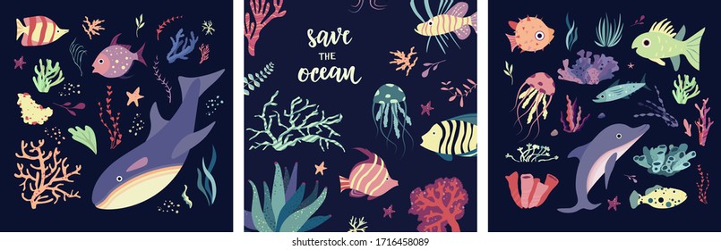 Under the sea world. Ecology print, planet and environment protection concept. Underwater sea world dwellers, flora and fauna elements. Coral reef, fishes and medusa. Vector cartoon.