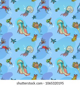 Under Sea World Seamless Pattern. Pattern on the seaweed theme for the cloth and anything. Blue and colored pattern of marine life