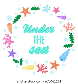 Under the sea wreath, marine creatures and elements shaped in circle, vector illustration doodle drawing. Ocean greeting card isolated on white background. Print or pattern.