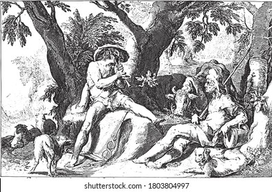 Under the shade of some trees, Mercury plays his flute for Argus in the guise of a shepherd, vintage engraving.