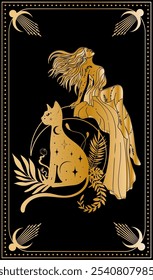 Under a starry night, a graceful woman adorned in gold gazes thoughtfully as her celestial cat sits beside her, surrounded by stylized leaves and cosmic elements, creating an enchanting atmosphere.