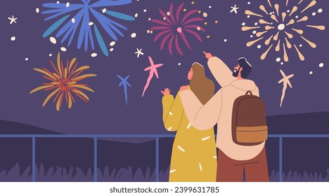 Under The Starry Night, A Mesmerized Couple Embraces, Gazing At The Bursting Holiday Fireworks, Reflect Joy And Love