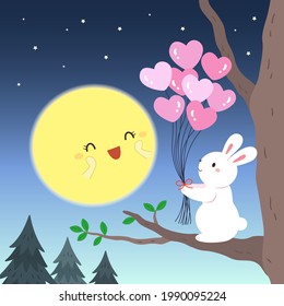 Under the starry sky, the rabbit stands on the top of the tree and sends balloons, the moon is very happy