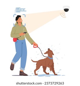 Under A Surveillance Cameras Face Recognition System, A Man Walking With A Dog. Character Monitored, Allowing For Enhanced Security And Identification Capabilities. Cartoon People Vector Illustration