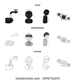 Under a tap with water wash their hands, the patient with a hot-water bottle with ice on his head in a scarf, a man has abdominal pain, viruses, microbes. Sick set collection icons in black,monochrome