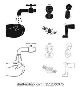 Under a tap with water wash their hands, the patient with a hot-water bottle with ice on his head in a scarf, a man has abdominal pain, viruses, microbes. Sick set collection icons in black,outline