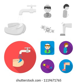 Under a tap with water wash their hands, the patient with a hot-water bottle with ice on his head in a scarf, a man has abdominal pain, viruses, microbes. Sick set collection icons in monochrome,flat