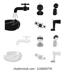 Under a tap with water wash their hands, the patient with a hot-water bottle with ice on his head in a scarf, a man has abdominal pain, viruses, microbes. Sick set collection icons in black,monochrome