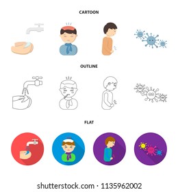 Under a tap with water wash their hands, the patient with a hot-water bottle with ice on his head in a scarf, a man has abdominal pain, viruses, microbes. Sick set collection icons in cartoon,outline