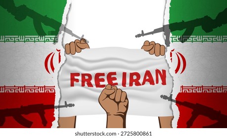 Under the torn flag of the Islamic Republic of Iran, men's hands hold a white flag with a red inscription: "Free Iran", at which the shadows of gun barrels are aimed.