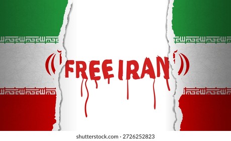Under the torn flag of the Islamic Republic of Iran is a white flag with a red inscription, and like blood streaks: "Free Iran."