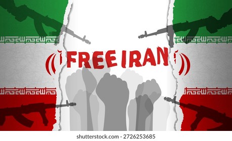 Under the torn flag of the Islamic Republic of Iran is a white flag with a red inscription: "Free Iran". The shadows of Iranian fists are visible beneath the shadows of gun barrels