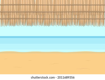 under tropical umbrella view to the sea, natural background, vector illustration for summer season in blue and yellow tones