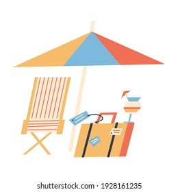 Under umbrella on striped chaise lounge, suitcase and cocktail. Beach vacation and travel. Flat illustration, vector