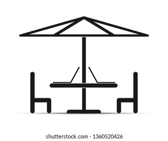 Under umbrella table with laptops and chairs, flat design