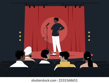 Under warm stage lights, a performer confidently engages with a captivated audience while standing before a microphone, with a rich backdrop enhancing the intimate atmosphere of the event