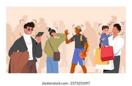 Under The Watchful Eye Of Surveillance Cameras With Face Recognition Systems, People Can Be Monitored, Identified, And Their Activities Tracked To Enhance Security And Safety Measures, Cartoon Vector